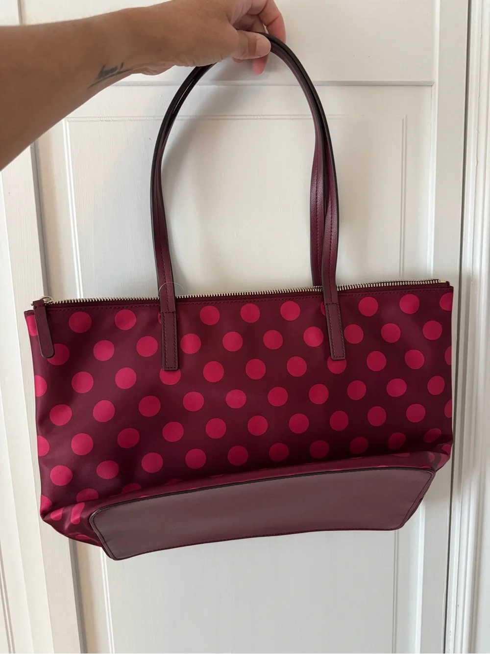 kate spade New York Hayden Burgundy and Pink Polka Dot Tote Bag